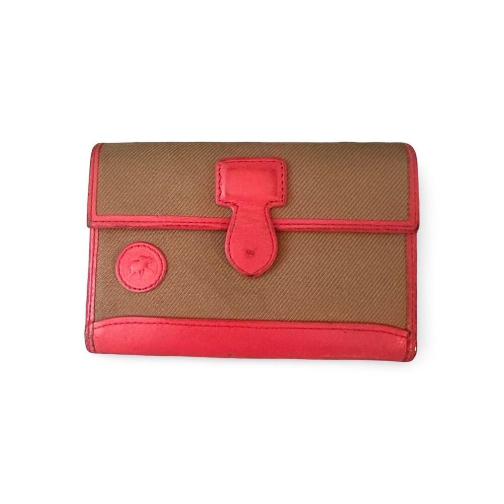 Vintage Hunting World Trifold Wallet – Tan Canvas & Coral Red Leather